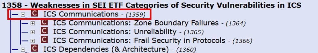 Nivel Category dentro de la lista CWE VIEW: 1358 - Weaknesses in SEI ETF Categories of Security Vulnerabilities in ICS